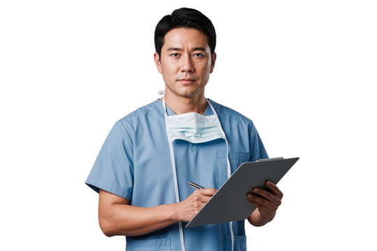 Male doctor wearing scrubs and face mask holding clipboard and pen, isolated on transparent background. Serious medical professional in hospital setting