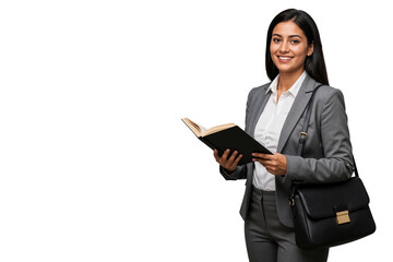 Happy businesswoman smiling while holding an open book and shoulder bag. Isolated on transparent background, Concept of corporate, education, or leadership themes