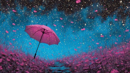 Surreal Night Scene with Pink Glitter Umbrella and Falling Stars
