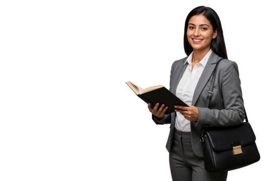 Happy businesswoman smiling while holding an open book and shoulder bag. Isolated on transparent background, Concept of corporate, education, or leadership themes