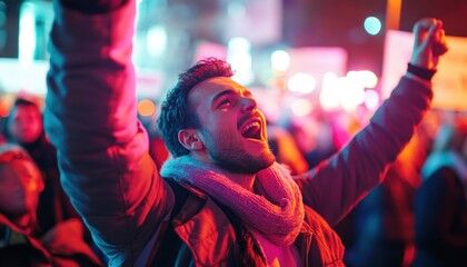 Obraz premium Young man celebrating with raised arms at night event