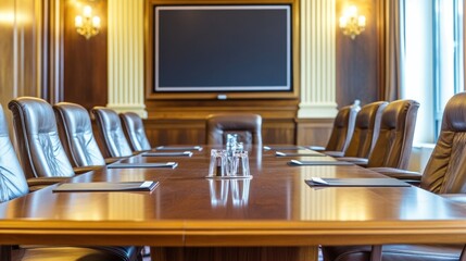 Luxurious boardroom prepared for important meeting with tv screen