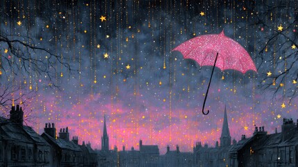 Surreal Night Scene with Pink Glitter Umbrella and Falling Stars