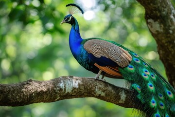 Obraz premium Wild peacock displays vibrant plumage in Udawalawe National Park, Sri Lanka, Udawalawe national park in Sri Lanka Wild Peacock bird on tree branch in forest