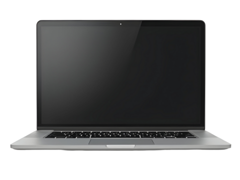 Silver Laptop Computer with Dark Gray Screen Displayed Front View Isolated on a Transparent Background
