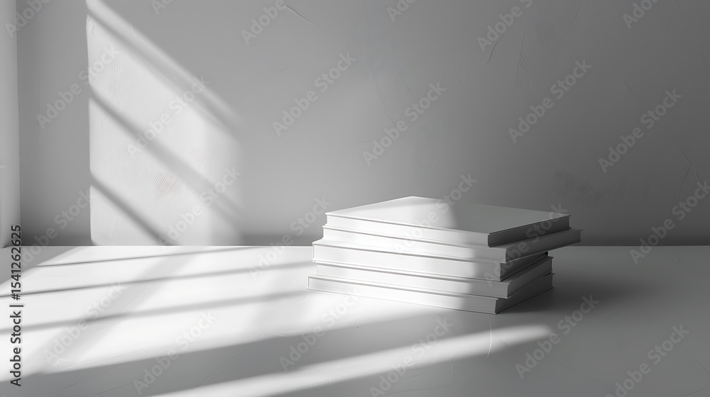 Poster stack of books in a minimalist setting.