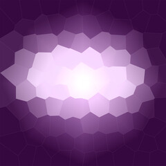 The image shows a glowing purple mosaic with irregular polygon shapes. A bright white light radiates from the center, fading into deep violet tones, creating a stained-glass effect.

