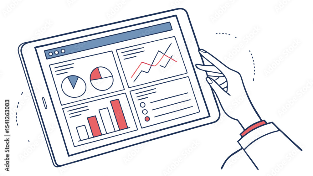 Poster illustration of a tablet displaying charts and graphs with a hand interacting with the screen data v
