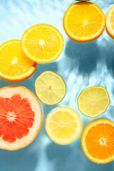 Different citrus fruit slices in water on blue background