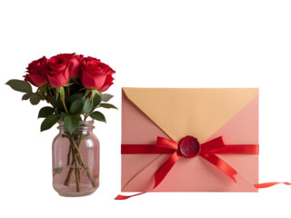 Red Roses in Glass Jar Beside Peach and Beige Envelope with Red Ribbon and Wax Seal isolated on a transparent background