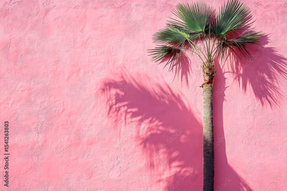 Poster isolated palm tree creating dynamic shadows on textured pink surface under bright sunlight, isolated