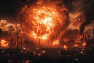Massive explosion lights up the night sky with fiery blasts and thick smoke rising from an industrial area, Massive explosion with fiery blasts and thick smoke engulfing an industrial area at night