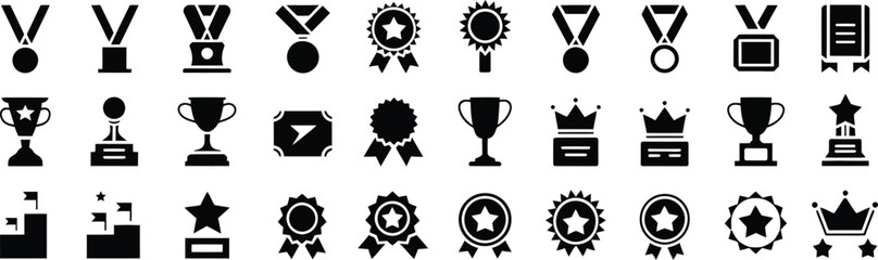Medal and Trophy Icons Set in Black Silhouettes for Achievement and Reward Design 