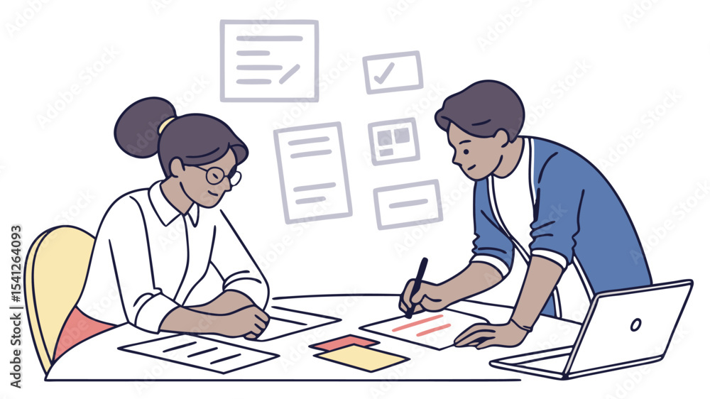 Poster two people collaborating on a project with documents and a laptop on a table with wall diagrams pres