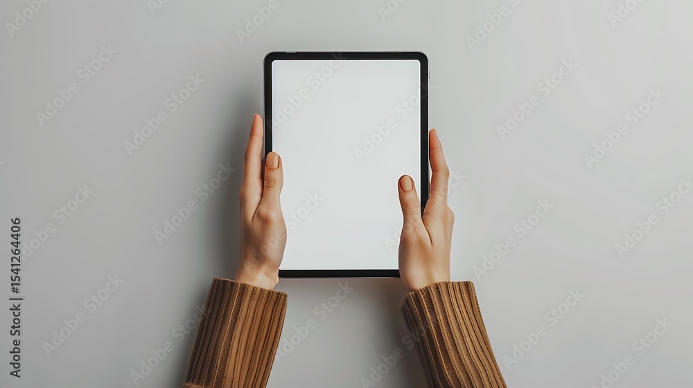 Poster hands holding a tablet computer with a blank screen.
