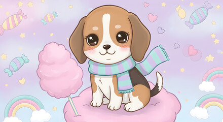 Fototapeta premium Cute Cartoon Beagle Puppy Wearing a Scarf with Candy, Rainbows and Hearts
