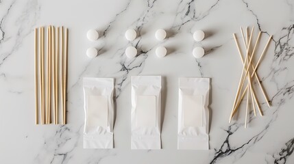 Wooden sticks, white tablets, and sterile wipes arranged on a marble surface.