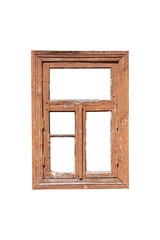 Old wooden window frame with worn brown paint is isolated.
