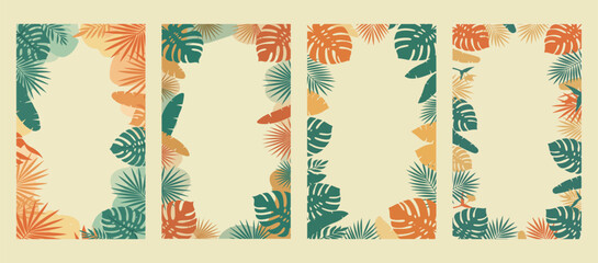 Refreshing tropical leaf illustrations in various green and orange tones, creating lively vertical borders. Ideal for summer ads, vibrant invitations, or lively backgrounds