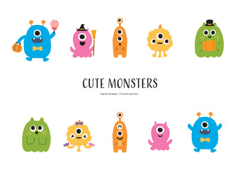 ハロウィンのかわいいモンスターたちのイラストセット