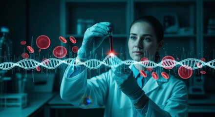 Female Scientist Examining Blood Sample in Laboratory with Glowing Digital DNA Display