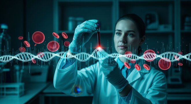 Female Scientist Examining Blood Sample in Laboratory with Glowing Digital DNA Display