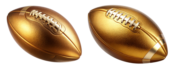 Set of Golden American Football in Mid-Air, Dynamic Sports Action, isolated on transparent background