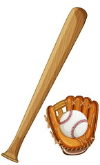 Baseball Bat and Glove with Ball Illustration