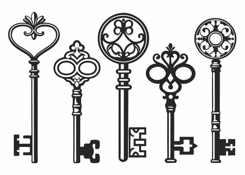 Vintage Skeleton Key Vector Silhouettes Set &ndash; Black and White Antique Key Icons for Logo, Tattoo, and Design