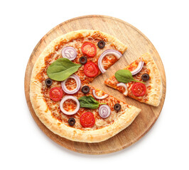 Board of tasty pizza with basil and tomatoes on white background