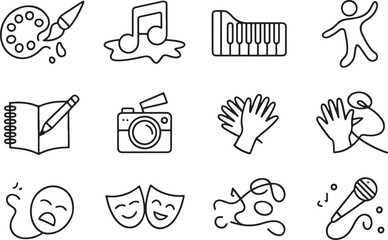 Diverse collection of arts, music, and creative hobbies line icons for artistic expression and performance