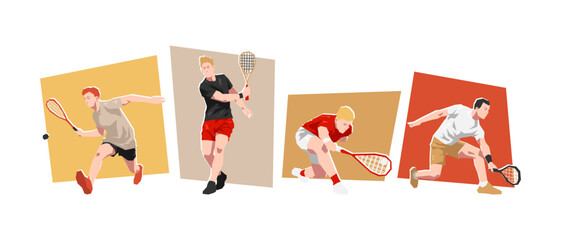 Fototapeta premium Set of male squash player. Dynamic pose. Cartoon flat vector illustration.