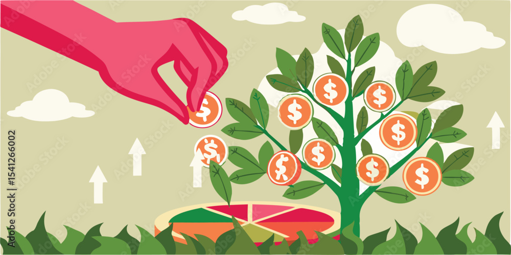 Aufkleber hand adding coin to money tree with dollar signs and pie chart at the bottom in a green field view