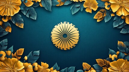 Golden Ashoka Chakra with Floral Frame on Teal Background Design