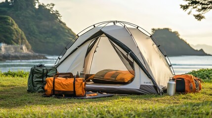 View of a camping tent set up with camping equipment on green grass with sea view background
