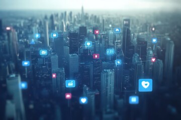 Social media icons overlay urban skyline showcasing connectivity and digital communication trends, Social media and notification icons over the cities social network concept High quality