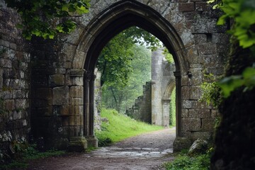 Fototapeta premium Stone archway gateway leading to a mystical castle background with lush greenery and tranquil sea view, Stone Archway Gateway in castle Photo background Seamless time lapse quality