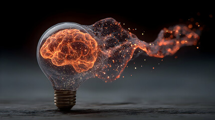 Fiery Brain Inside Lightbulb: Innovation Concept