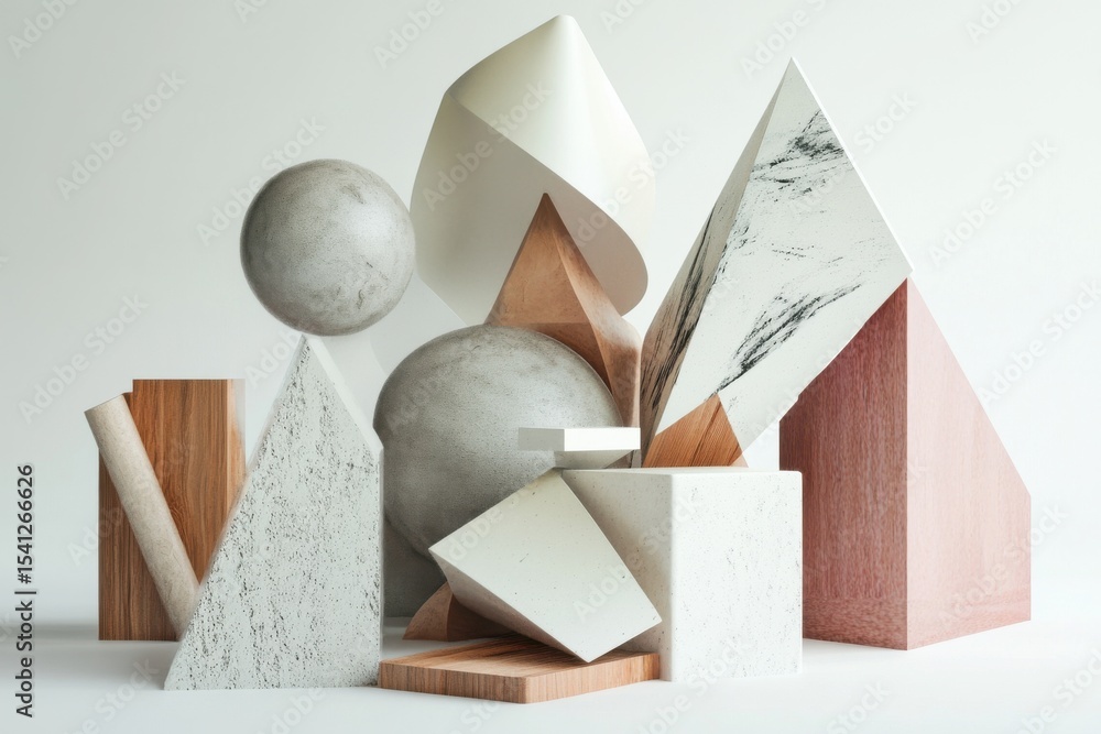 Poster geometric shapes designed with different materials creating an abstract arrangement on a neutral bac