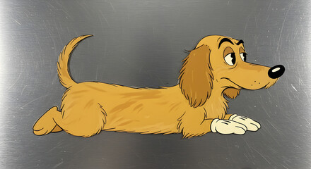 Cartoon illustration of a Dachshund dog lying down and looking, in a simple style