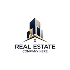 Real estate logo. Luxury Real Estate Company Logo Design Template: Modern Golden and Black City Skyscraper Buildings Over House Roof Icon, Corporate Business Branding Identity Vector