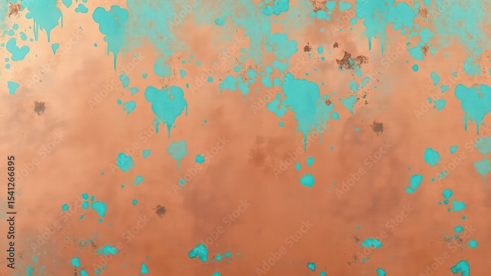 Poster abstract copper colored background with splashes and drips of turquoise paint creating an artistic t
