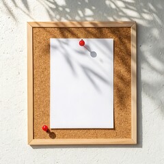 
Minimalist cork memo board with a blank white paper, pinned, and illuminated by sunlight creating natural leaf shadows, perfect for notes or announcements.