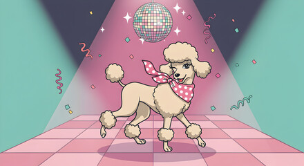 Cartoon poodle dancing at a disco party under a sparkling disco ball