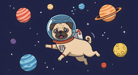 Cute Pug Astronaut in Space with Planets and Stars Cartoon Illustration