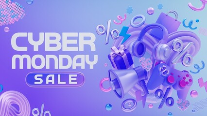 Cyber monday promotion banner 3d render illustration