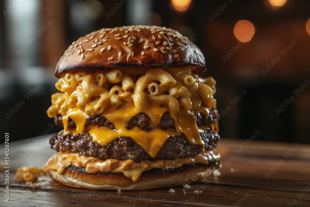 Poster mouthwatering towering burger with layers of cheese and macaroni, towering burger with multiple laye