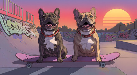 Two French Bulldogs Ride a Skateboard at Sunset in an Artistic Illustration