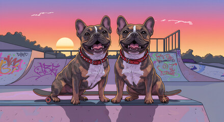 Two French Bulldogs on Skateboards at a Skatepark with a Sunset Background