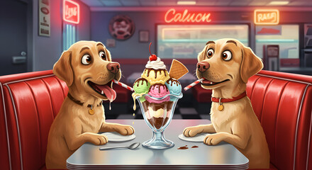 Two cute cartoon dogs enjoying ice cream sundae in a retro diner scene